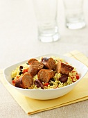 Rice with bratwurst sausages