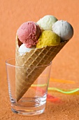 Fruit ice cream in a wafer cone