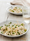 Linguine with beans, peas and mint