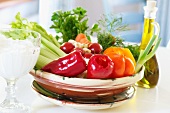 Healthy eating: vegetables, olive oil, yoghurt and quark