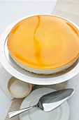 Crème fraîche and vanilla cheesecake with passion fruit jelly topping