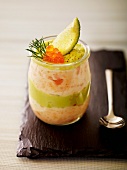 A layered dish of avocado mousse and salmon mousse