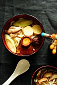 Japanese soup with udon noodles and chicken