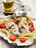 Red mullet with fennel and tomatoes in aluminium foil