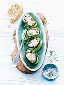 Courgette rolls with cod and a mustard sauce