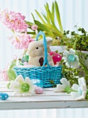 Easter treats in a basket on a table with Easter decorations