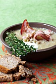 Green lentil soup with bacon and thyme