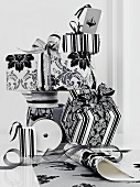 Presents packed in black and white and ribbon