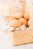 Frische braune Eier im Spankorb