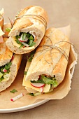 Sandwiches with ham, cheese and vegetables