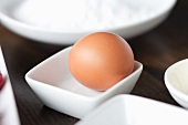 A brown egg in a small dish