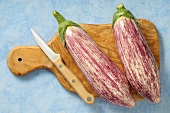 Two aubergines on a chopping board with a knife
