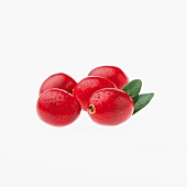 Five cranberries with water droplets