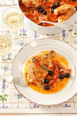 Pollo alla spagnola (chicken with bacon, tomatoes and olives)