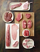 Fleischstillleben mit Fleischstücken zum Kurzbraten (Aufsicht)