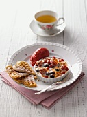 Berry gratin with heart-shaped waffles