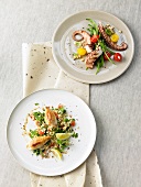 Bohnensalat mit Oktopus und gefüllte Tintenfische auf Couscoussalat