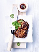Beef steak with garlic sauce and cilantro (China)