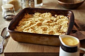 Rhubarb crumble in a baking dish