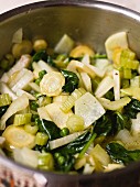 Mixed steamed vegetables in a pan (close-up)