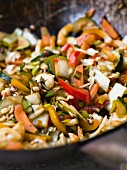 Stir-fried vegetables with bean sprouts and cashew nuts (close-up)