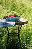 Strawberries in a bowl on a garden table