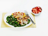 Seared Sea Scallops with Wilted Spinach and Orzo and Bell Pepper Salad