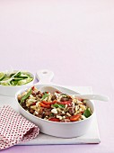 Macaroni with sausage, peppers and feta