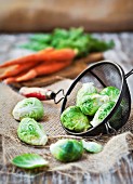 Organic Raw Brussels Sprouts in a Strainer; Carrots