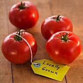 Tomaten aus regionalem Anbau mit Schild