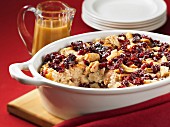 Bread pudding with cranberries and butterscotch sauce