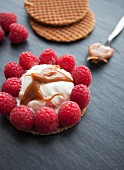 Honey waffle biscuits with ice cream, raspberries and caramel sauce