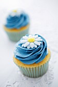 Cupcakes with blue buttercream icing and a sugar flower