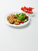 Grilled Sweet Potatoes with Chicken and a Side Salad; Watermelon Skewers
