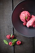 A Bowl of Raspberry Ice Cream; Fresh Raspberries and Mint
