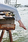 Grilled lamb steaks with asparagus on the landing stage