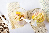 Pasta salad with curry and strips of ham