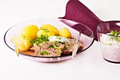 Boiled beef with boiled potatoes and herb sauce