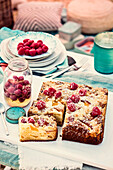 Ricotta crumble cake with peaches and raspberries