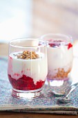 Natural yoghurt with raspberry jam and wheat sprouts in glasses