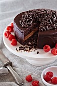 Chocolate Ganache Cake with Chocolate Curls and Raspberries; Slice Removed