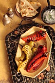 Grilled pointed peppers with flatbread and herb yoghurt (Turkey)