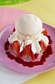 Vacherin with cream, fresh strawberries and strawberry sauce