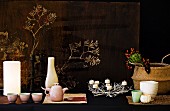 Organic ornaments: table lamp, tea service, candlesticks, basket, vases