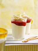 White chocolate pudding with strawberry purée