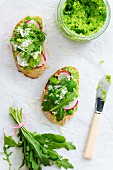 Crostini topped with pea & bean purée, radishes and rocket