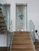 Stone steps with central strip of wooden treads and glass balustrade, drawing of animal on glass pane and little girl in background