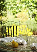 A break for refreshments, outdoors - lemons and lemon slices in front of a jug on water on a tiled table