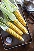 Corn cobs on a baking tray and a small dish of salt