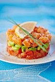 Salmon timbale with tomatoes and beans